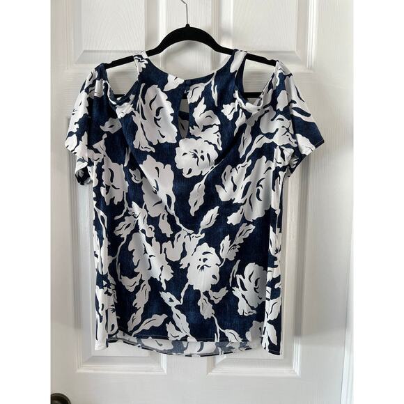 INC International Concepts Blue & White Print Knit Cold Shoulder Top Size XL - Picture 3 of 7
